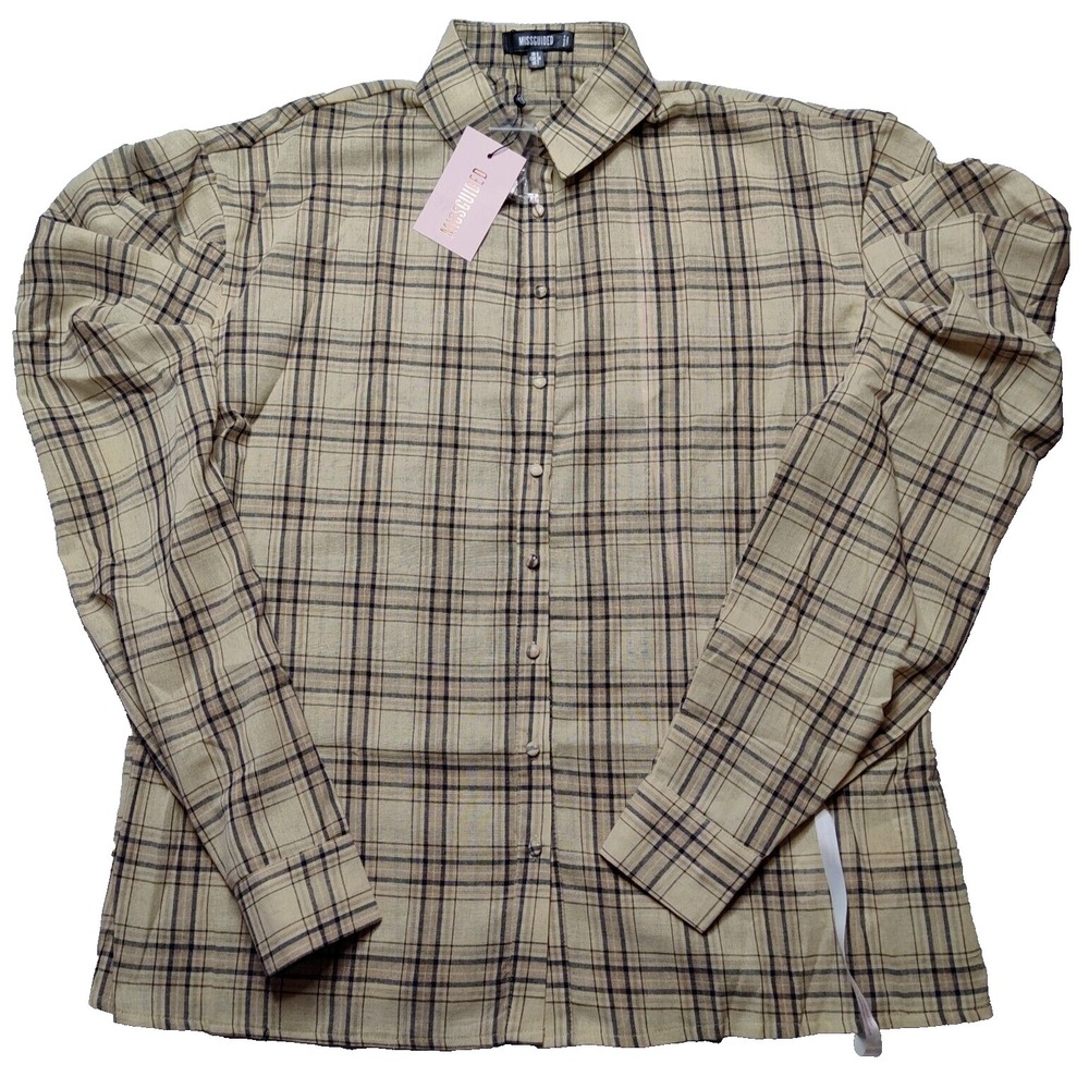 MISSGUIDED Women Size 2 Cream Check Poplin Volume‎  Button-Up Shirt NEW
